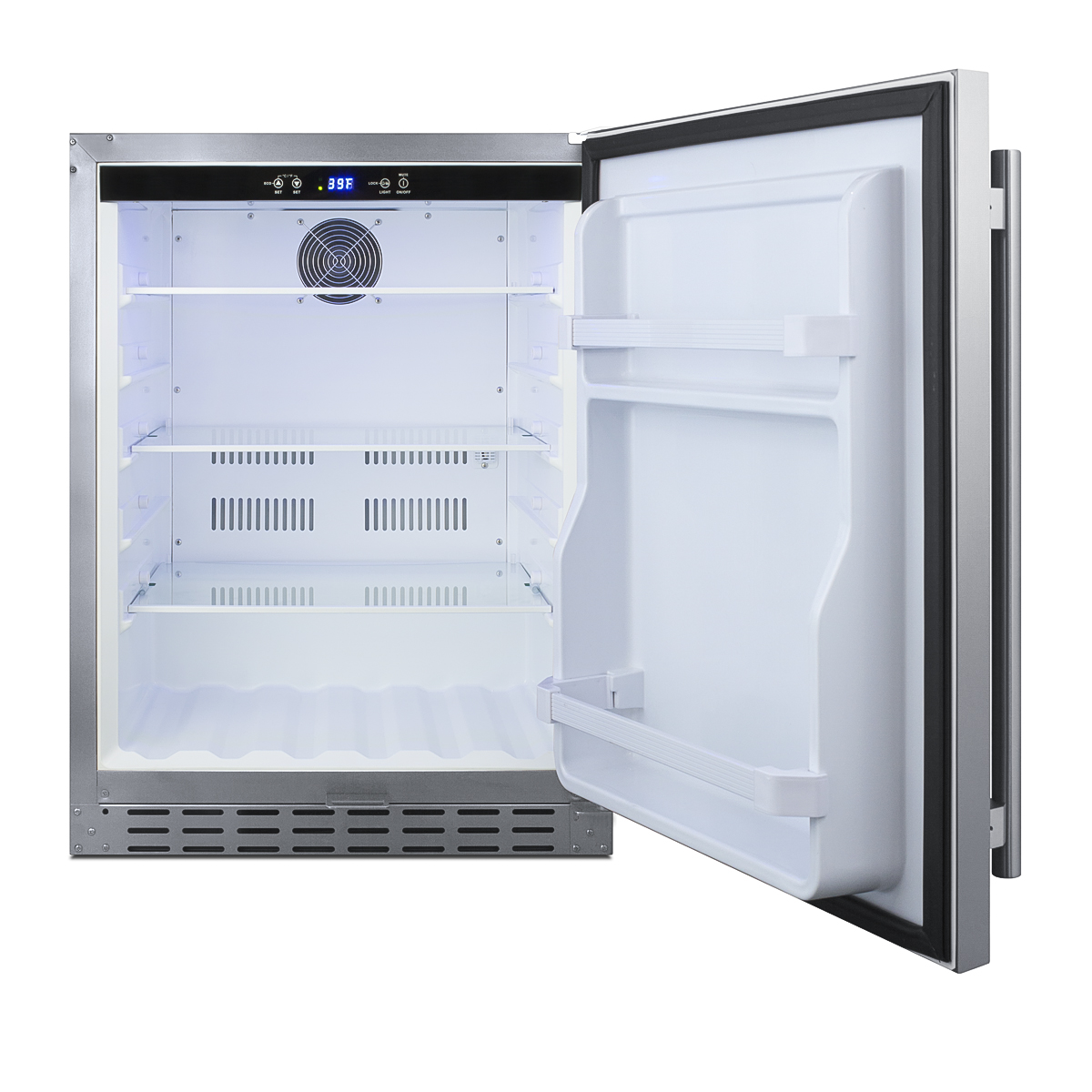 Built-in undercounter ADA-compliant all-refrigerator for outdoor use featuring a stainless steel exterior and digital controls